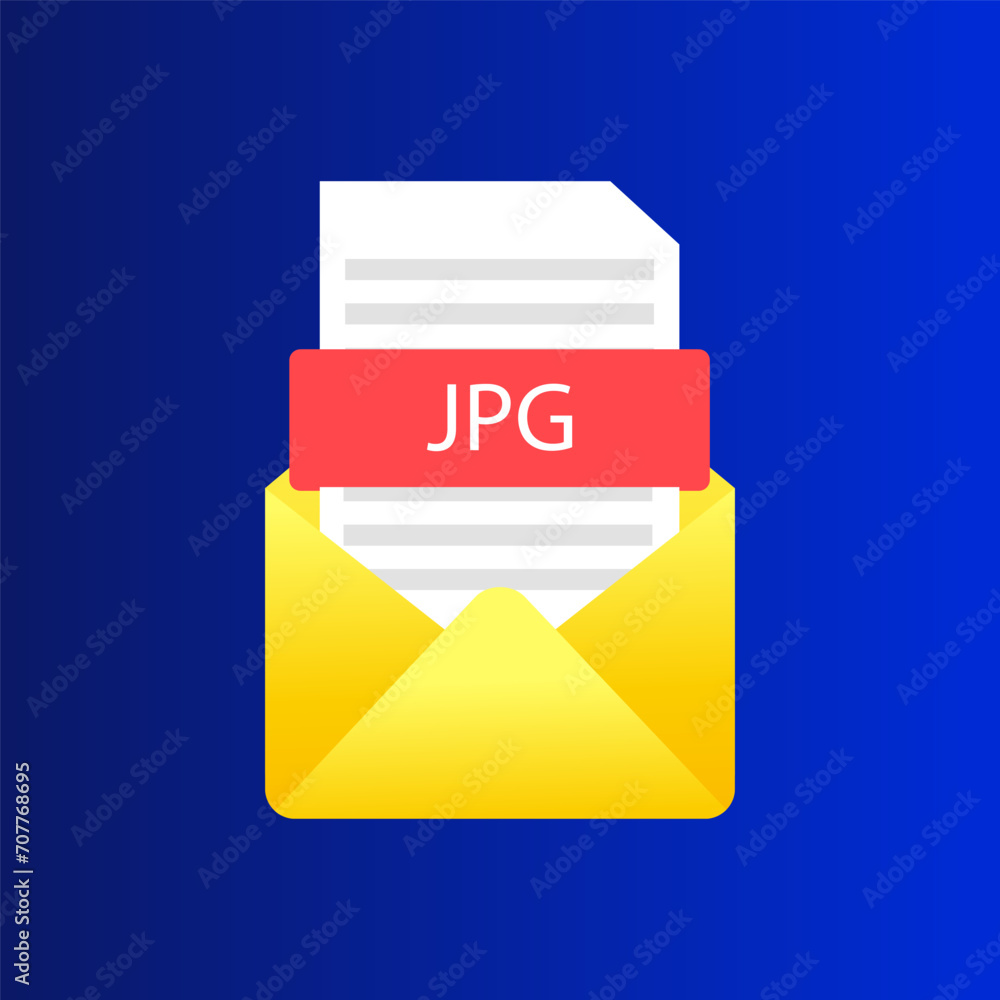 Poster jpg document in envelope icon. flat, yellow, sheet in an envelope, jpg file in an envelope. vector i