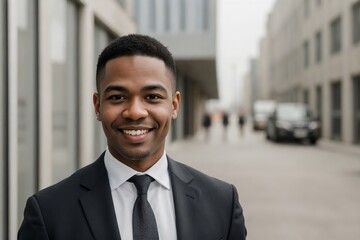 Professional black businessman smiling and looking at the camera against blurred outside office building background with copy space.
