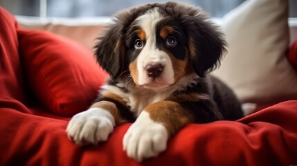 A charming fluffy Bernese Mountain Dog puppy lies on the sofa among the pillows and smiles. A cute young thoroughbred dog.