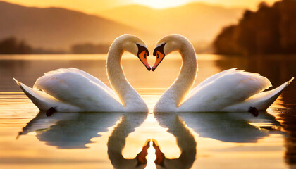 Romantic couple of white mute swans, face to face forming a heart with their necks and beaks. In a beautiful lake at sunset or sunrise. Relationship and love concept.