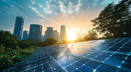 Solar panels installed in the city residential area to produce clean eco sustainable energy