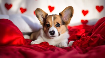 A charming happy ginger Welsh corgi Pembroke puppy is lying on the bed on a red blanket. Valentines Day greeting card with a dog.