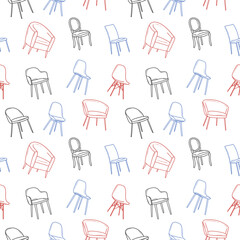a set of chairs and armchairs drawn in a doodle sketch. vector illustration.