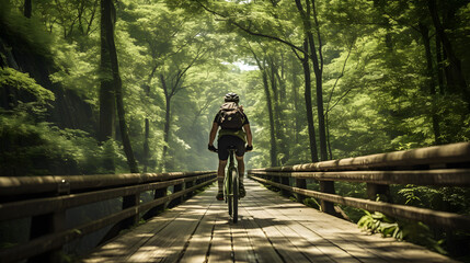 person riding bicycle  on the wooden bridge at forest 