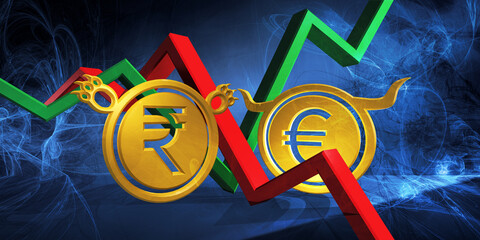 bullish eur to bearish inr currency. foreign exchange market 3d illustration of euro to indian rupee. money represented as golden coins