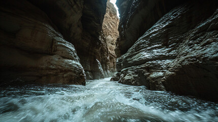 A flash flood rushing through a narrow canyon with rapidly rising waters and a sense of urgent danger.
