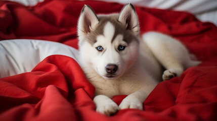 Grey Siberian husky puppy with blue eyes is lying on the bed on red blanket. Valentines Day greeting card with a dog.