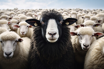 Primer plano de oveja negra entre un rebaño de ovejas blancas. Concepto de destacar por ser diferente, único, sin seguir las normas del grupo.  - obrazy, fototapety, plakaty