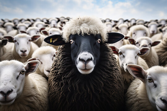 Primer plano de oveja negra entre un rebaño de ovejas blancas. Concepto de destacar por ser diferente, único, sin seguir las normas del grupo. 