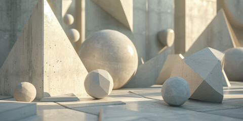 Abstract 3D Composition of stone Geometric Shapes. High-detail 3D render, modern abstract design. Background for 3d modeling lessons from simple geometric shapes.