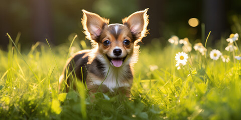 Adorable Puppy Peeking Through Grass. A playful baby dog with expressive eyes hiding in lush green summer grass, evoking joy and curiosity.
