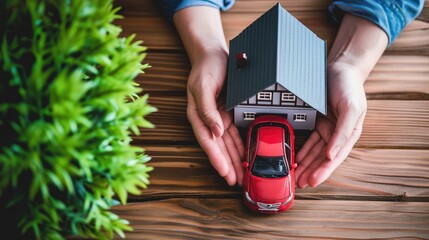 Hands holding car and house. Home loan, car insurance, family life assurance protection, financial mortgage for house building, and legacy planning investment concept with children - obrazy, fototapety, plakaty