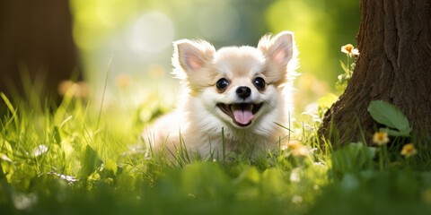 Adorable white Puppy Peeking Through Grass. A playful baby dog with expressive eyes hiding in lush green summer grass, evoking joy and curiosity.