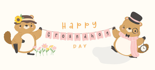 Happy groundhog day with cheerful cartoon groundhogs holding garland banner.