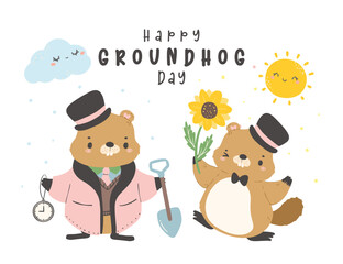 Happy groundhog day with cheerful cartoon groundhogs predicting weather.