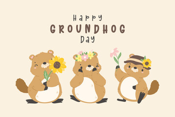 Happy groundhog day with group of cheerful cartoon groundhogs celebrating early spring banner.