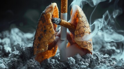 Aftermath of smoking – ruined lungs struggle for breath, trapped in the destructive embrace of cigarettes.
