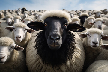 Primer plano de oveja negra entre un rebaño de ovejas blancas. Concepto de destacar por ser...