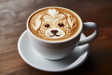 Top view of latte with dog latte art foam, cappuccino art, wood table background, Generated AI