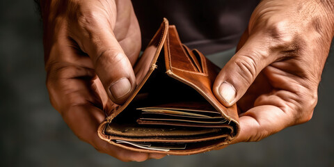 Empty Wallet in Hands - Financial Concept. Close-up of empty brown leather wallet held open by hands, conveying concepts of financial loss or poverty. Text space. - obrazy, fototapety, plakaty