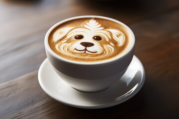 Top view of latte with dog latte art foam, cappuccino art, wood table background, Generated AI