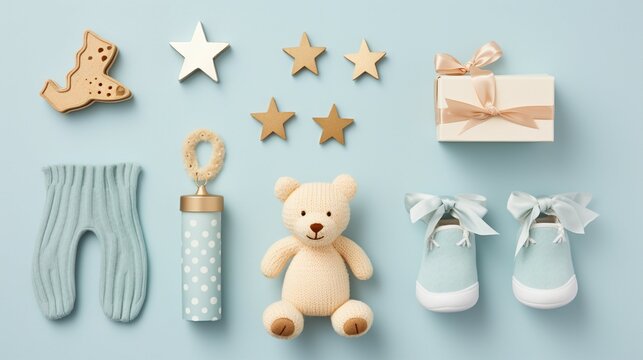 Charming Baby Accessories: Top View Photo of Cute Gift Box Concept for Newborn Celebration - Joyful Family Moments with Adorable Pink and Blue Accessories