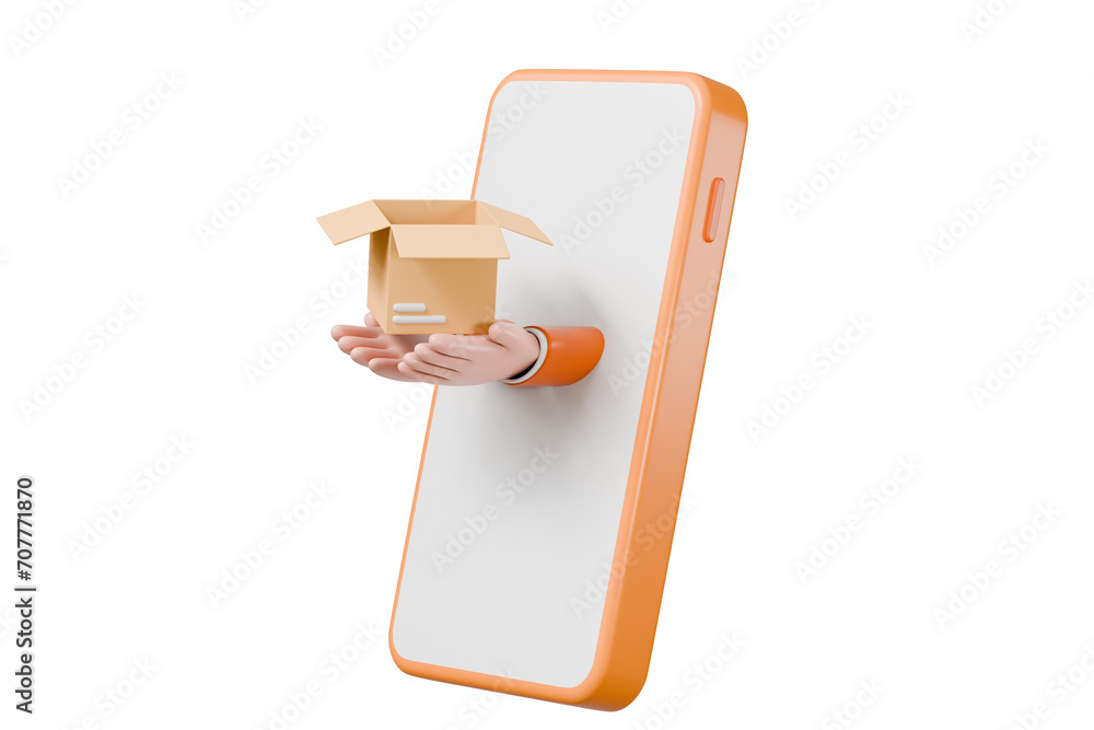 Wall mural 3d Courier delivers a parcel handholding phone delivery transportation logistics concept isolated on orange background.r Online Shop with delivery concept. Minimal Cartoon icon design. 3d rendering