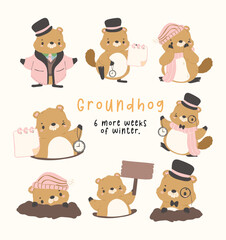 Cute groundhog in winter clothes set cartoon hand drawing, happy groundhog day 6 more weeks of winter collection.