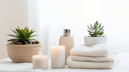 Fototapeta na wymiar A flat lay of a luxurious spa day setting with scented candles a plush towel a face mask essential oils and a small succulent on a serene white surface.