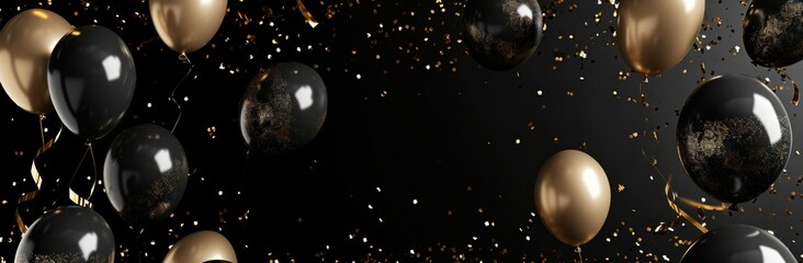 a black background with gold and black balloons on it.