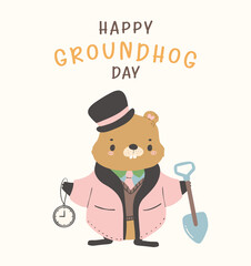 Happy groundhog day with cheerful cartoon groundhog holding shovel and clock.