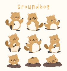 Cute groundhog animal set cartoon hand drawing, happy groundhog day collection.