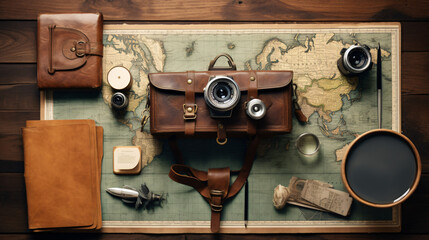 A flat lay of an adventurous travel kit with a vintage map a compass a leather-bound journal a pair of binoculars and a camera on an old wooden surface. - obrazy, fototapety, plakaty