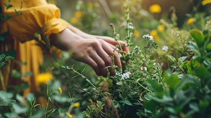 Tuinposter A woman collects medicinal herbs. Selective focus. Nature. Close up photo with hands © petrrgoskov