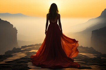 Woman in a long red dress on a hill at sunset. Generative  AI.