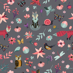 Seamless pattern animals plants for fabric for kids
