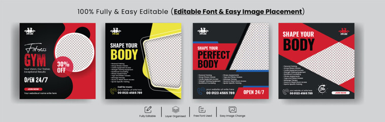 Editable Gym and Fitness social media post banner set, Sport and personal trainer instagram post bundle and  Promotional advertising Template collections with black and red background