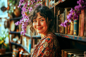 Fototapeta na wymiar Portrait of a young contented woman smiling next to a shelf of antique books