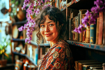 Obraz premium Portrait of a young contented woman smiling next to a shelf of antique books