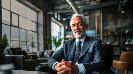 Fototapeta premium Older Turkish gray-haired businessman in sharp formal attire sitting contentedly at a table in a spacious office