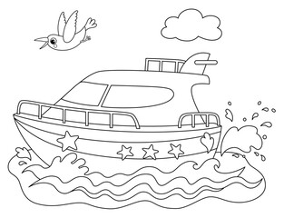 Cartoon boat in the sea with seagull above him