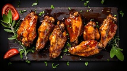 Top view of freshly grilled chicken wings with spicy sauce and herbs a on wooden board. Serving fancy food in a restaurant.
