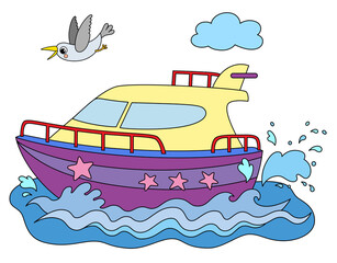 Cartoon boat in the sea with seagull above him