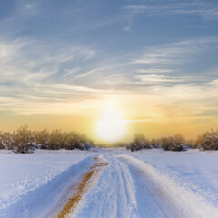 winter snowbound forest with road at the sunset