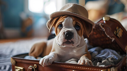 Adorable Bulldog puppy in hat  in a relaxed pose inside a suitcase, pets are part of the trip. generative AI - obrazy, fototapety, plakaty