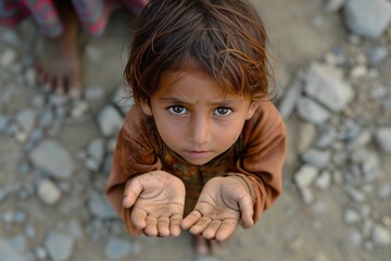 A hungry kid with his arms outstretched, begging for help.