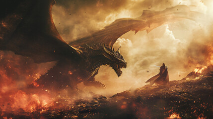 A fantasy war scene with dragons magic and mythical warriors.
