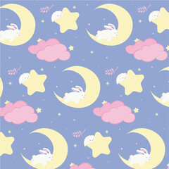 Fototapeta na wymiar seamless pattern with moon,stars and rabbits