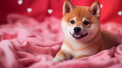 Charming cute fluffy ginger puppy shiba inu is lying on pink bed and resting. Valentines Day greeting card with a dog.