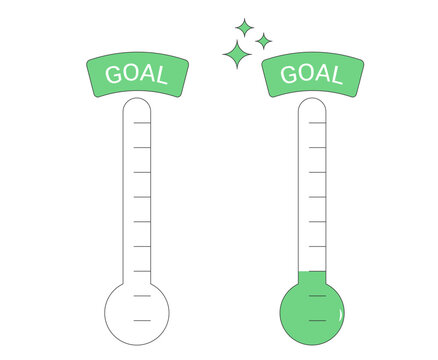 Fundraising goal thermometer set isolated on white background.